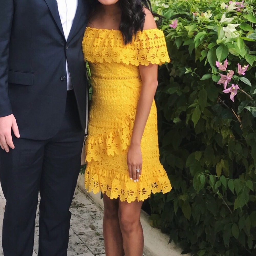 Lulu’s Yellow Lace Off The Shoulder Dress